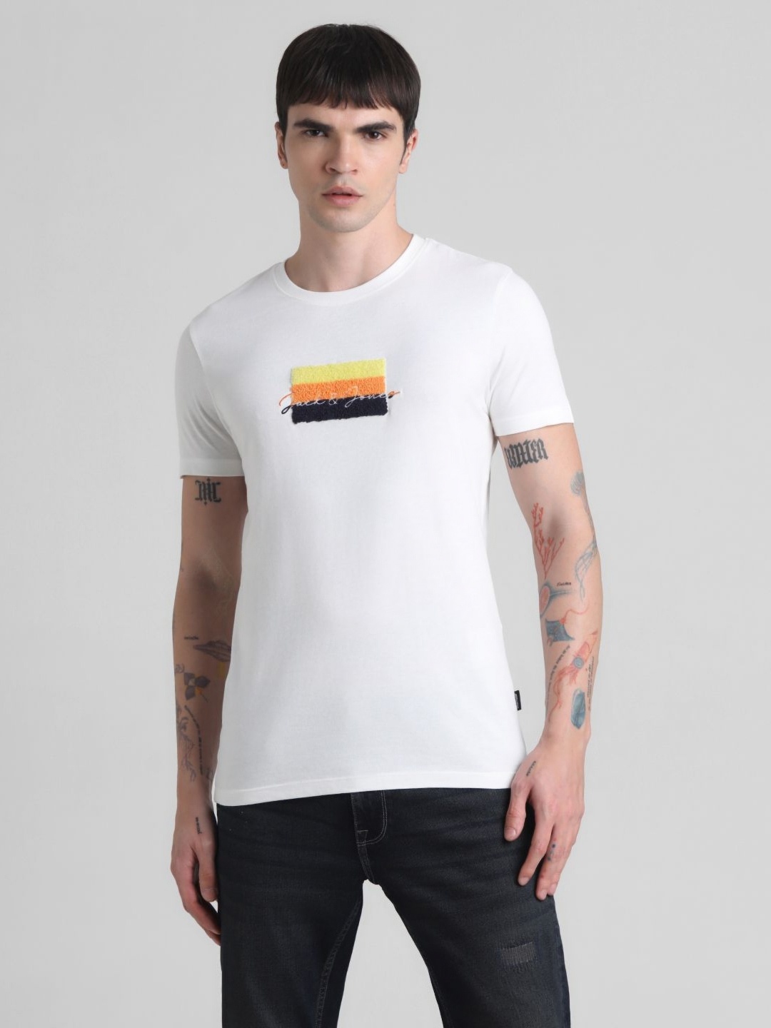 

Jack & Jones Men Graphic Printed Round Neck Cotton T-shirt, White