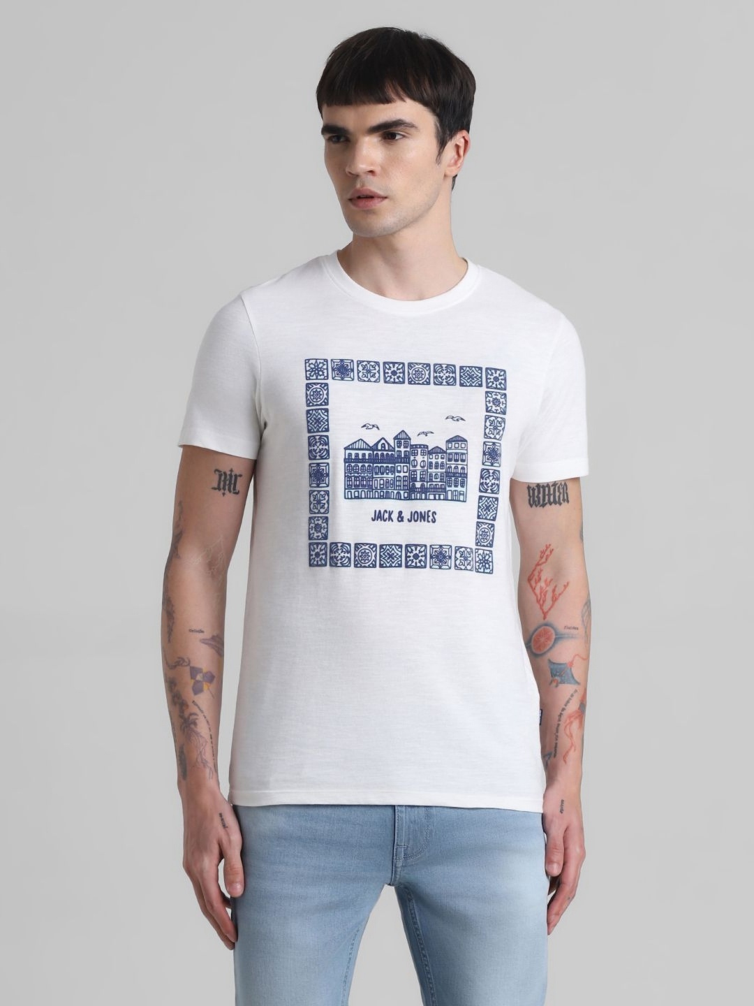 Jack & Jones Men Graphic Printed Round Neck Cotton T-shirt, White
