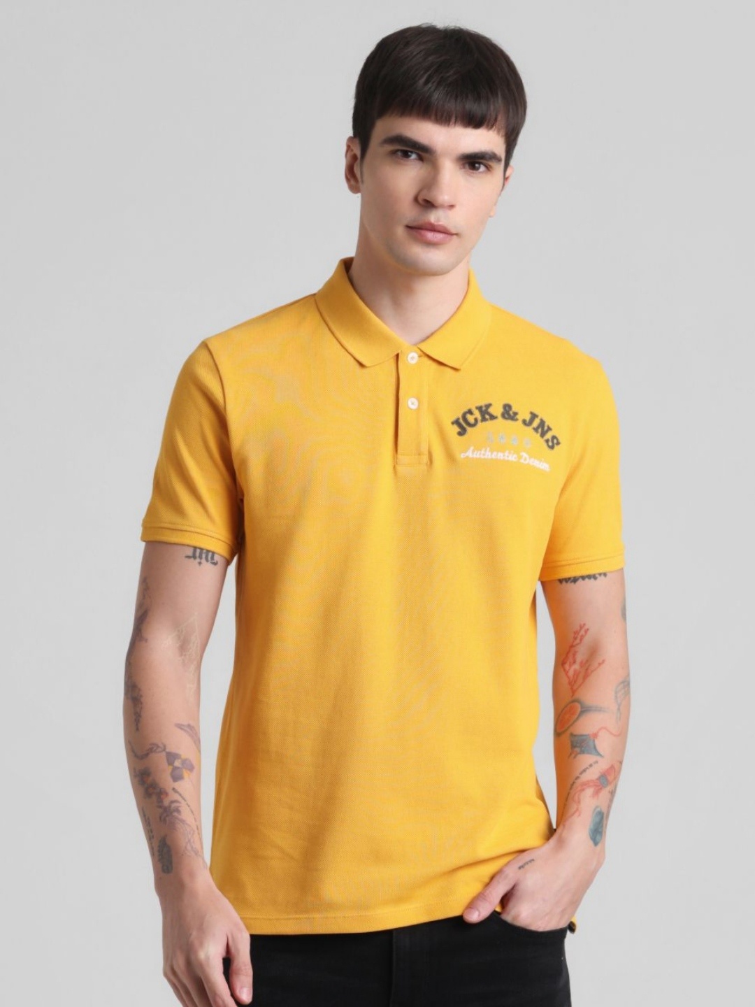 

Jack & Jones Men Typography Printed Polo Collar Cotton T-shirt, Yellow