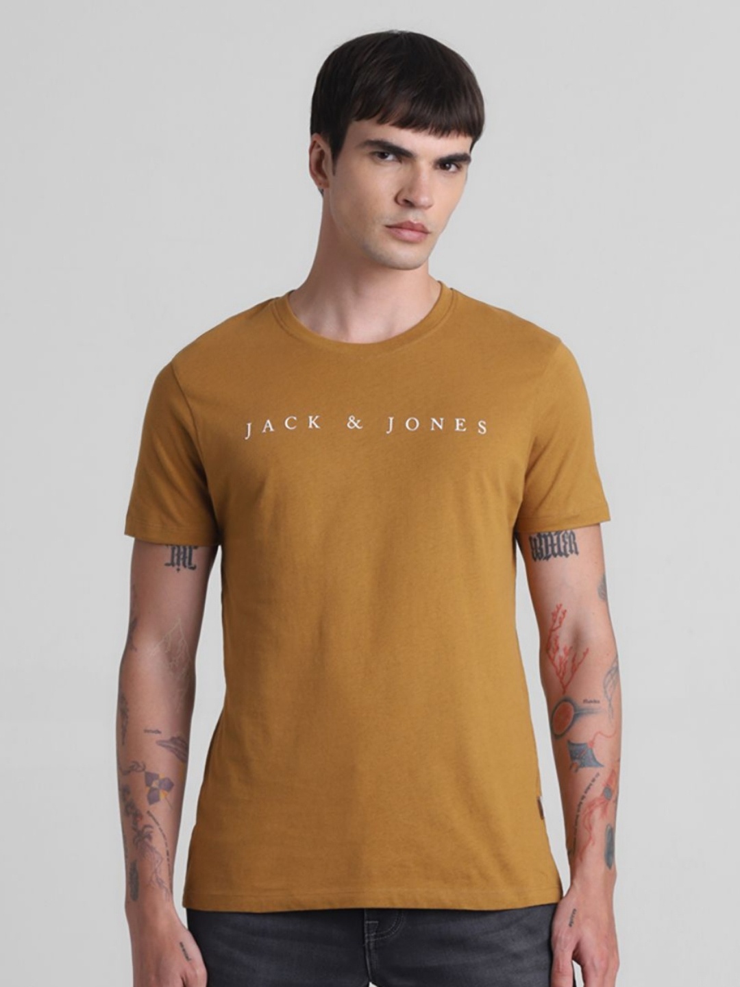 

Jack & Jones Men Typography Printed Round Neck Cotton T-shirt, Mustard