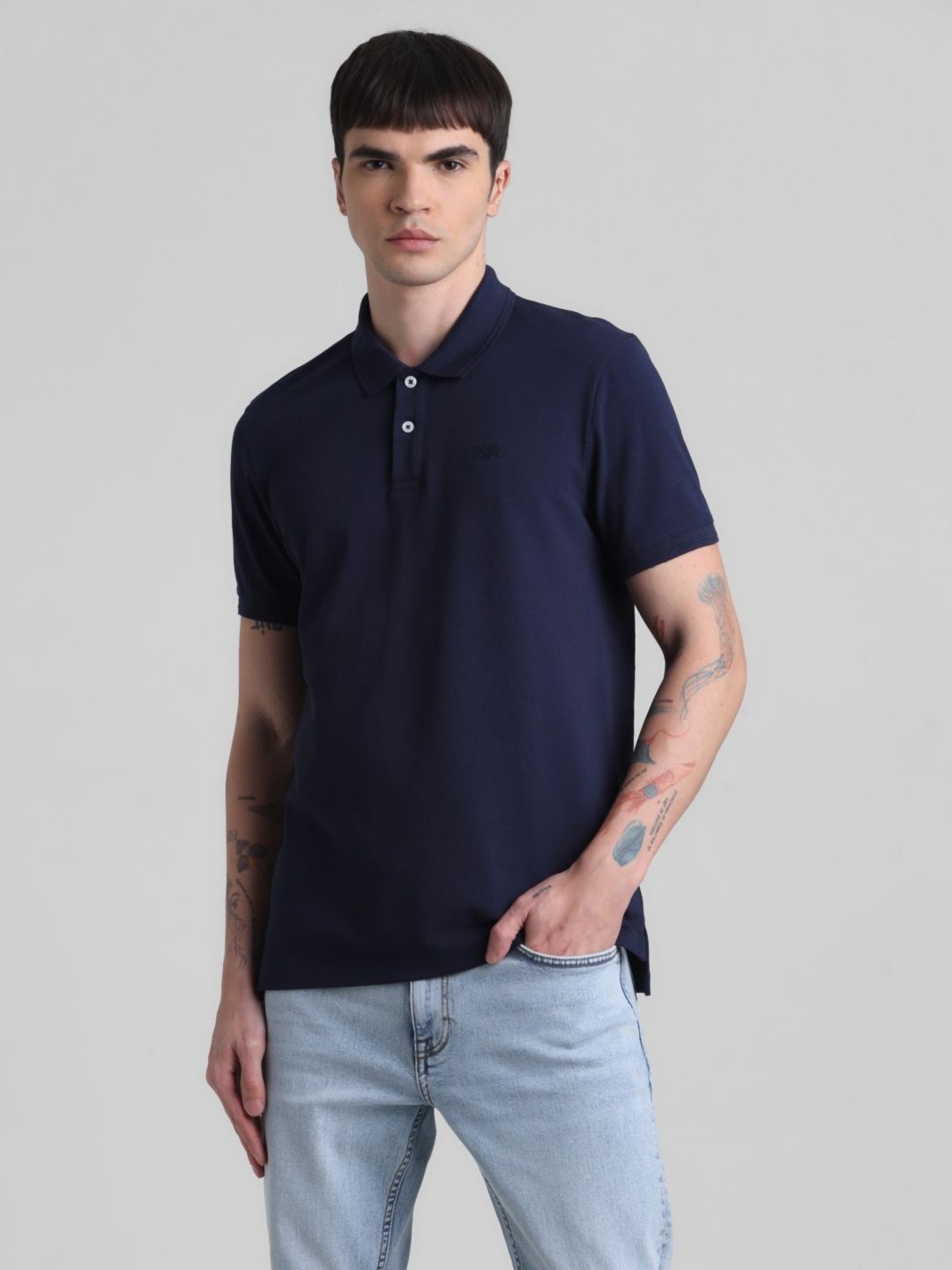 

Jack & Jones Men JJDI ALPHA1 Solid Polo Collar Cotton T-shirt, Navy blue