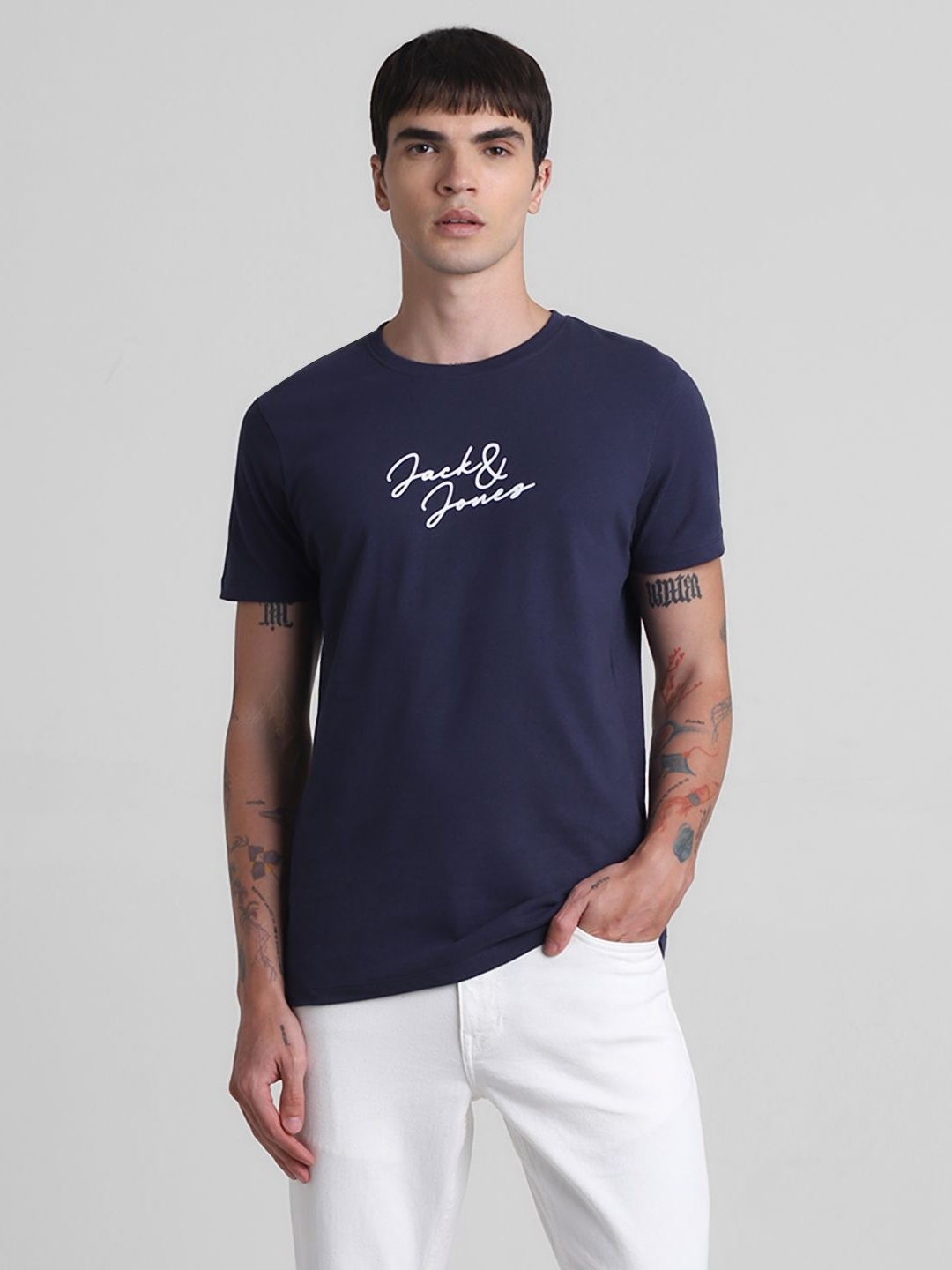 

Jack & Jones Men Typography Printed Round Neck Cotton T-shirt, Navy blue