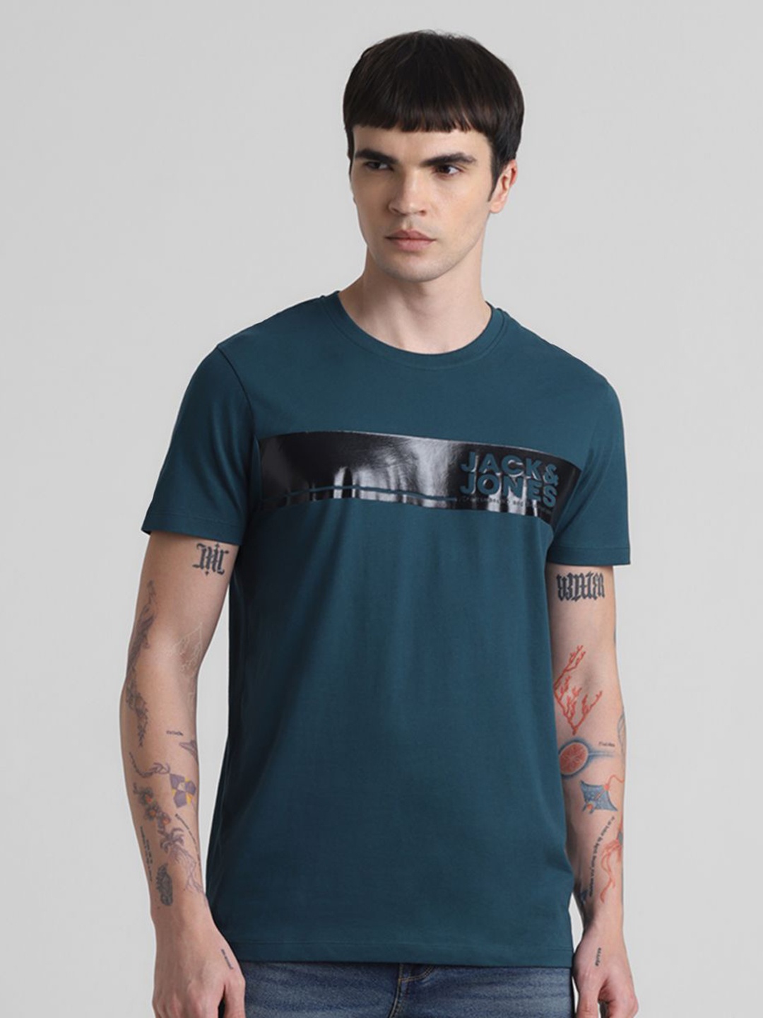 

Jack & Jones Men JJDI JAMES SS Typography Printed Round Neck Cotton T-shirt, Teal