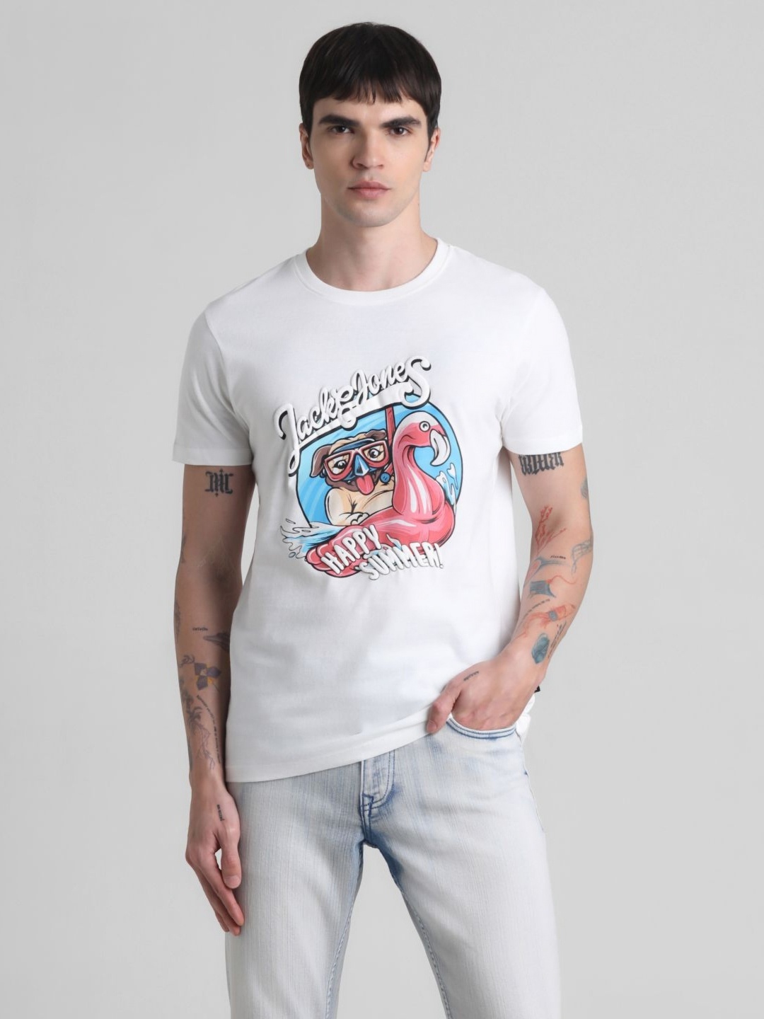 

Jack & Jones Men Graphic Printed Round Neck Cotton T-shirt, White