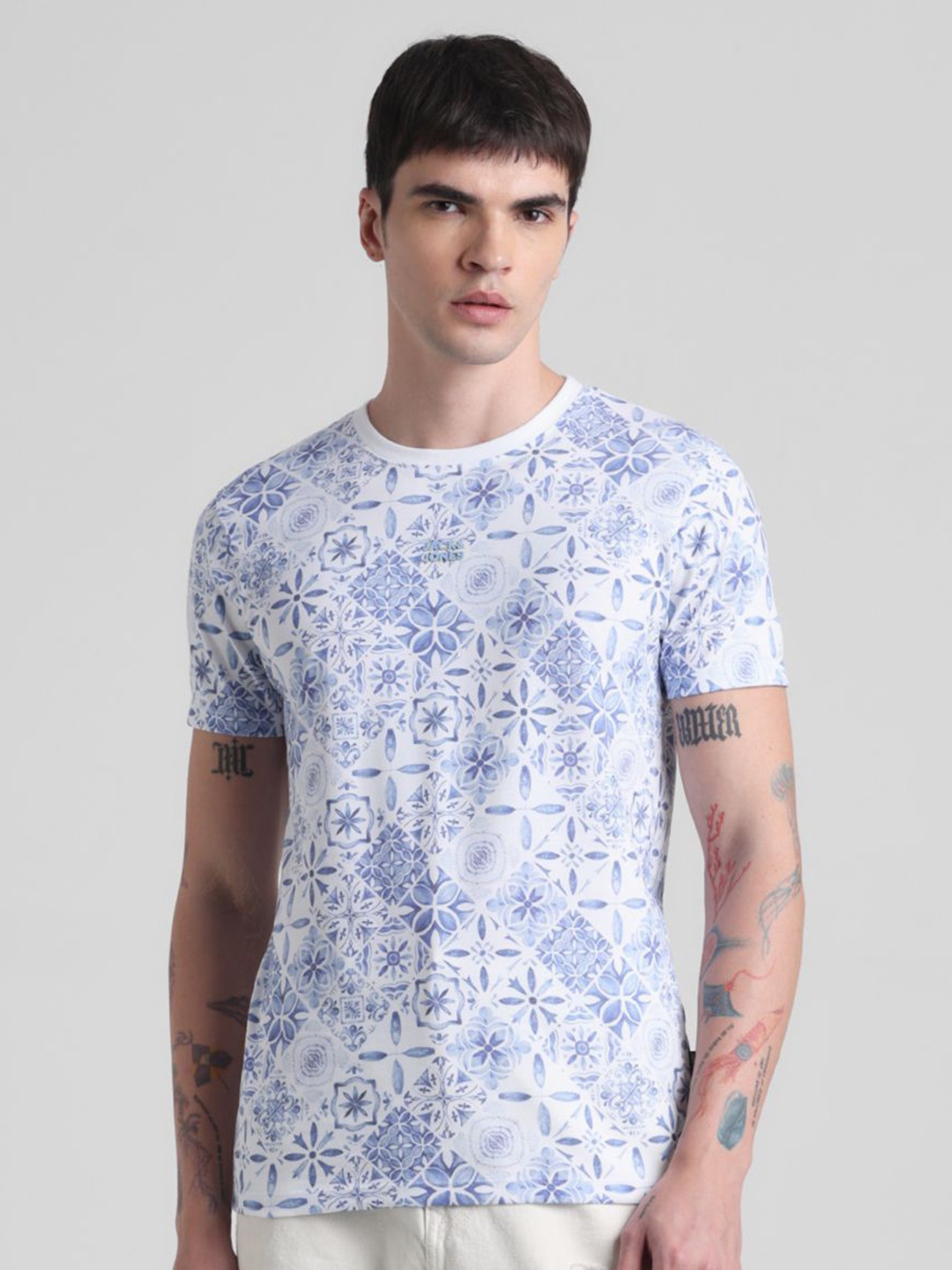 

Jack & Jones Men Floral Printed Round Neck Cotton T-shirt, White