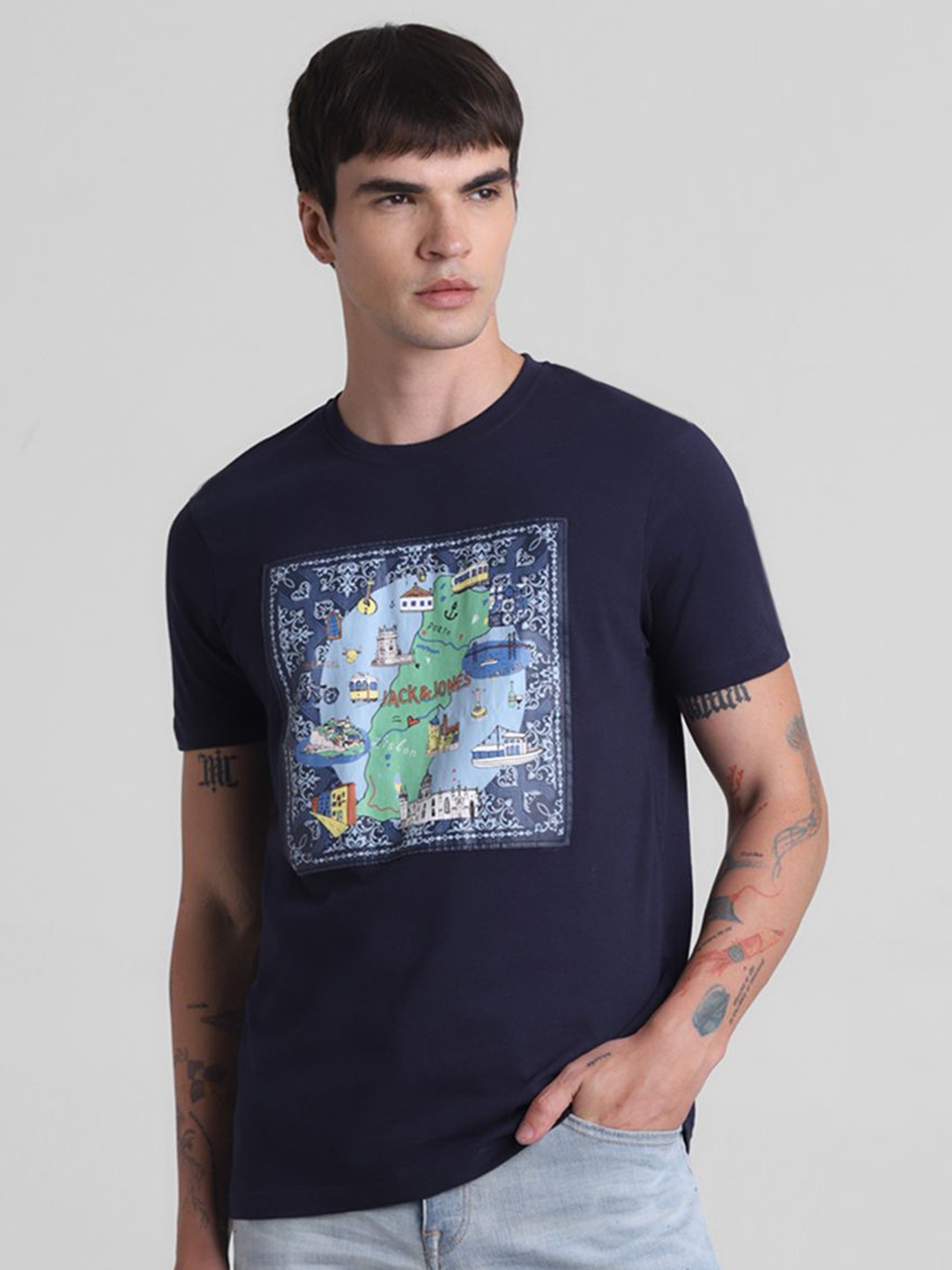 

Jack & Jones Men Graphic Printed Round Neck Cotton T-shirt, Navy blue