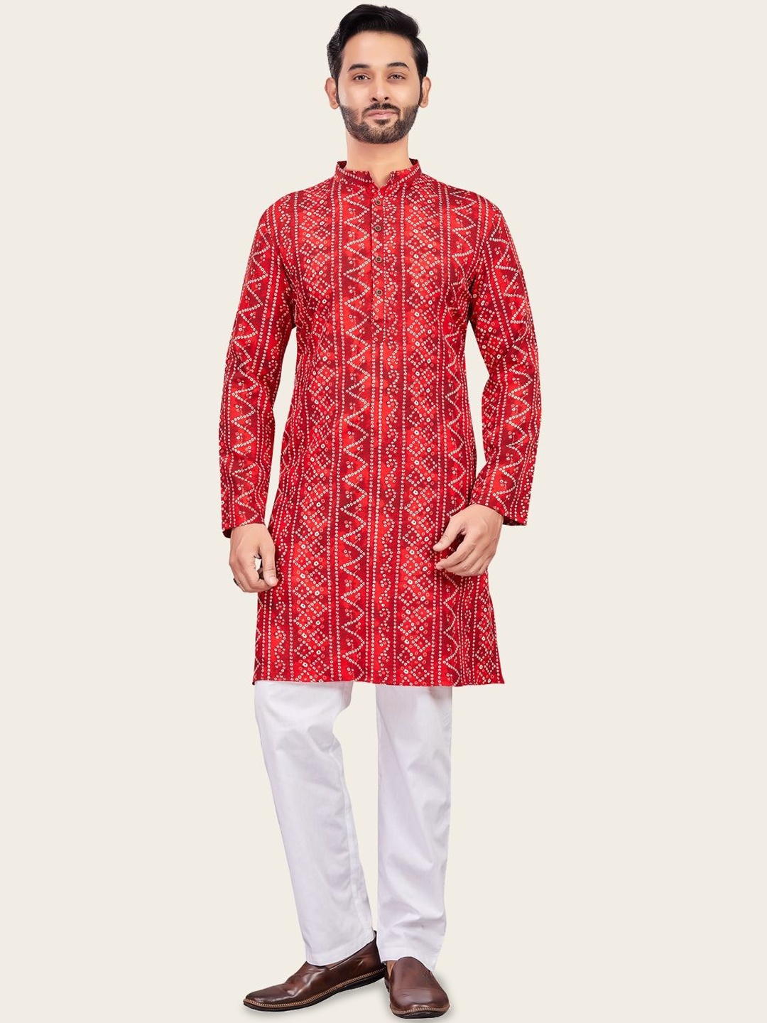 

Studio Shringaar Bandhani Printed Mandarin Collar Long Sleeves Relax Fit Straight Kurta, Red