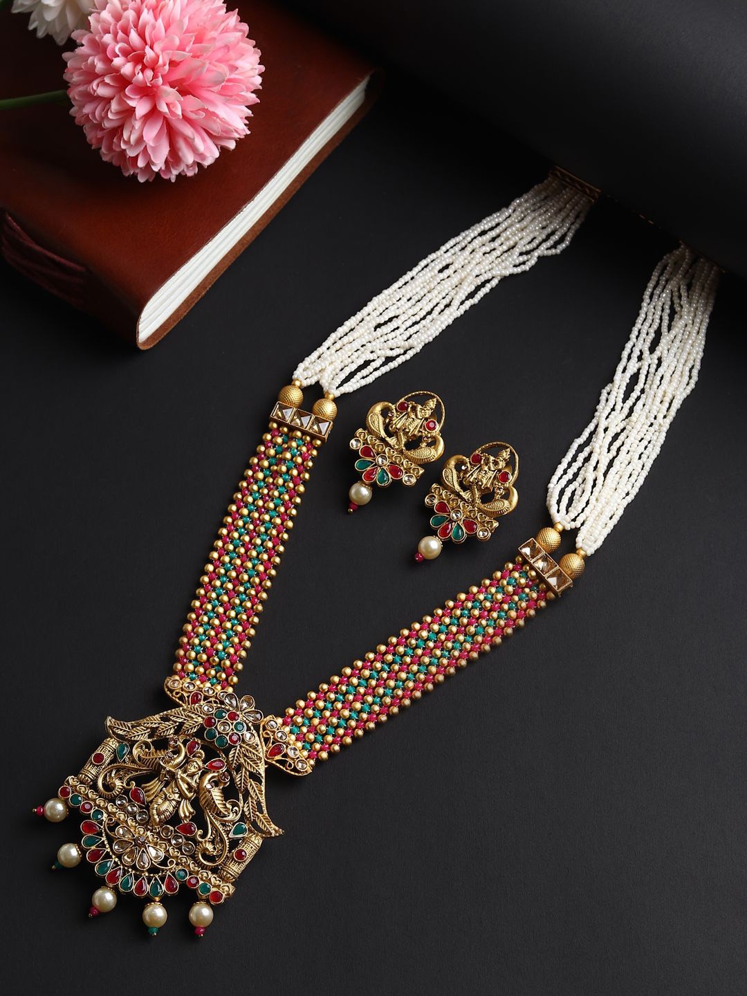 

RHOSYN Gold-Plated Kundan Stone-Studded & Beaded Krishna Goddess Jewellery Set