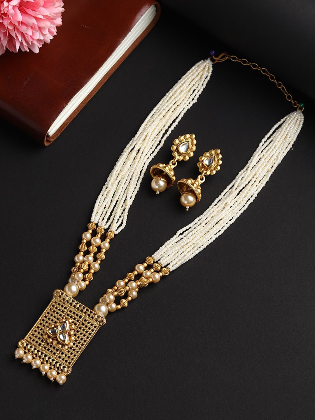 

RHOSYN Gold-Plated Stone-Studded & Beaded Jewellery Set