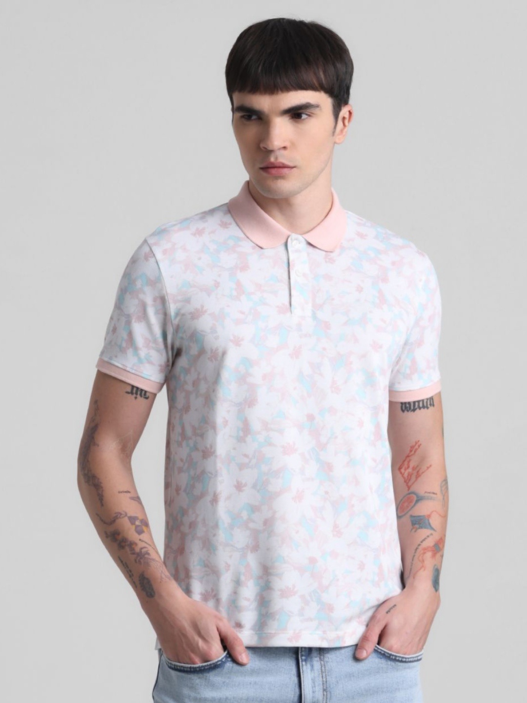 

Jack & Jones Men Floral Printed Polo Collar Cotton T-shirt, White