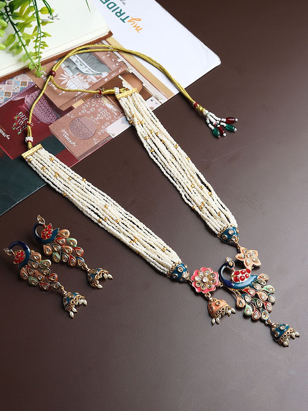 

RHOSYN Gold Plated Stone Studded & Beaded Peacock Design Meenakari Jewellery Set