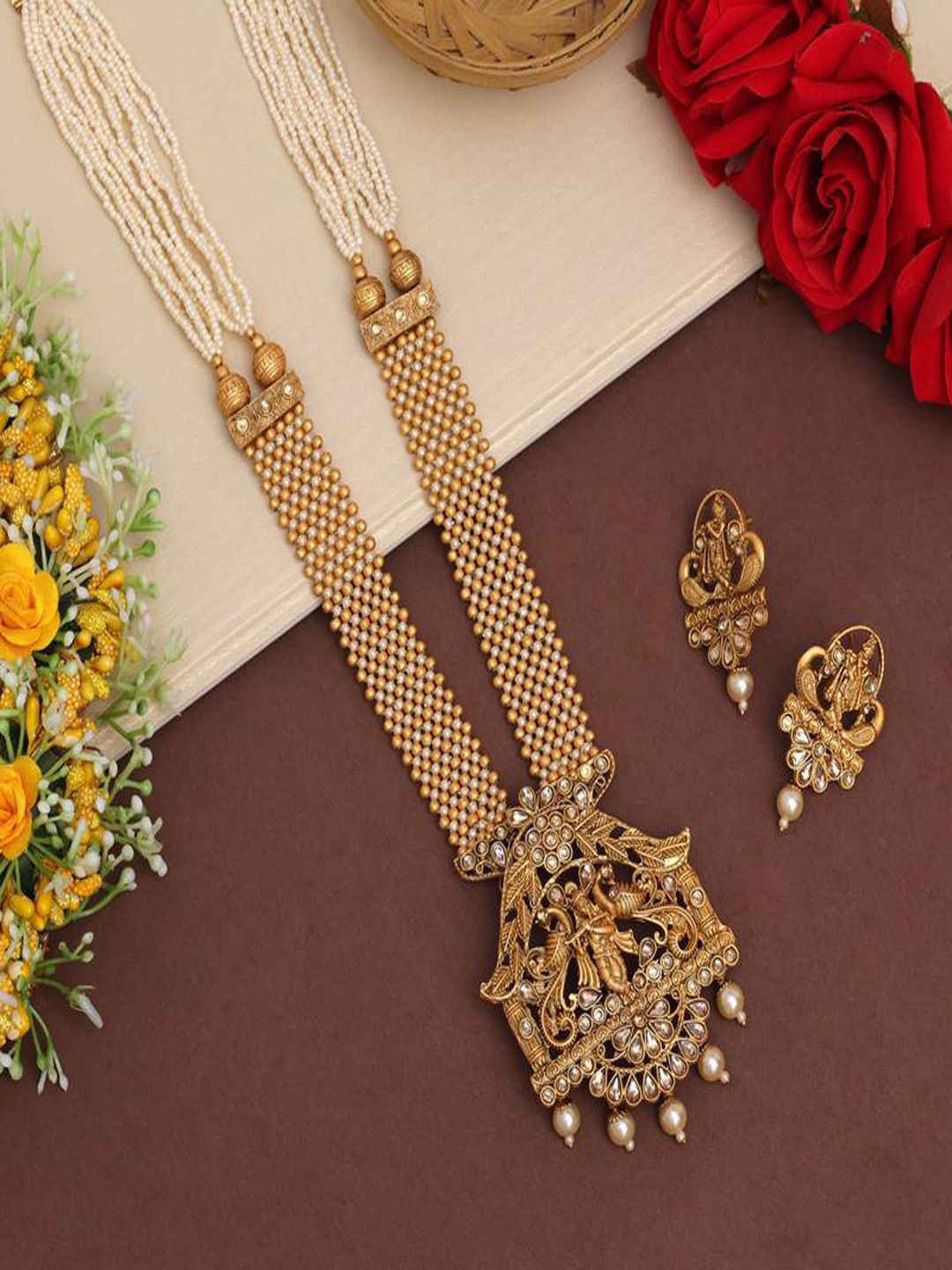 

RHOSYN Gold-Plated Stone-Studded & Beaded Krishna Goddess Jewellery Set