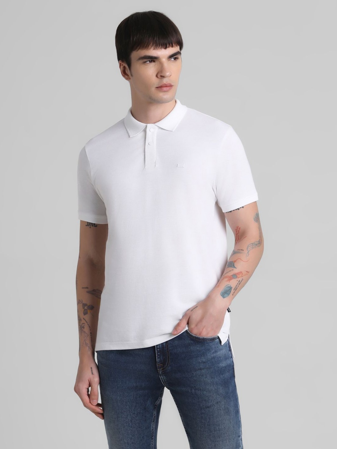 

Jack & Jones Men Solid Polo Collar Cotton T-shirt, White