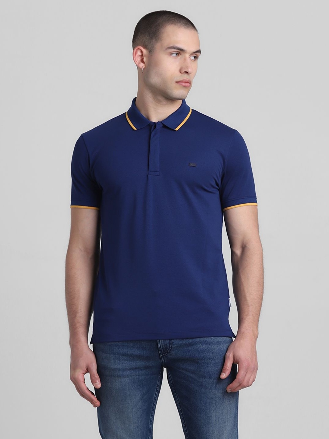 

Jack & Jones Men Solid Polo Collar Cotton T-shirt, Blue