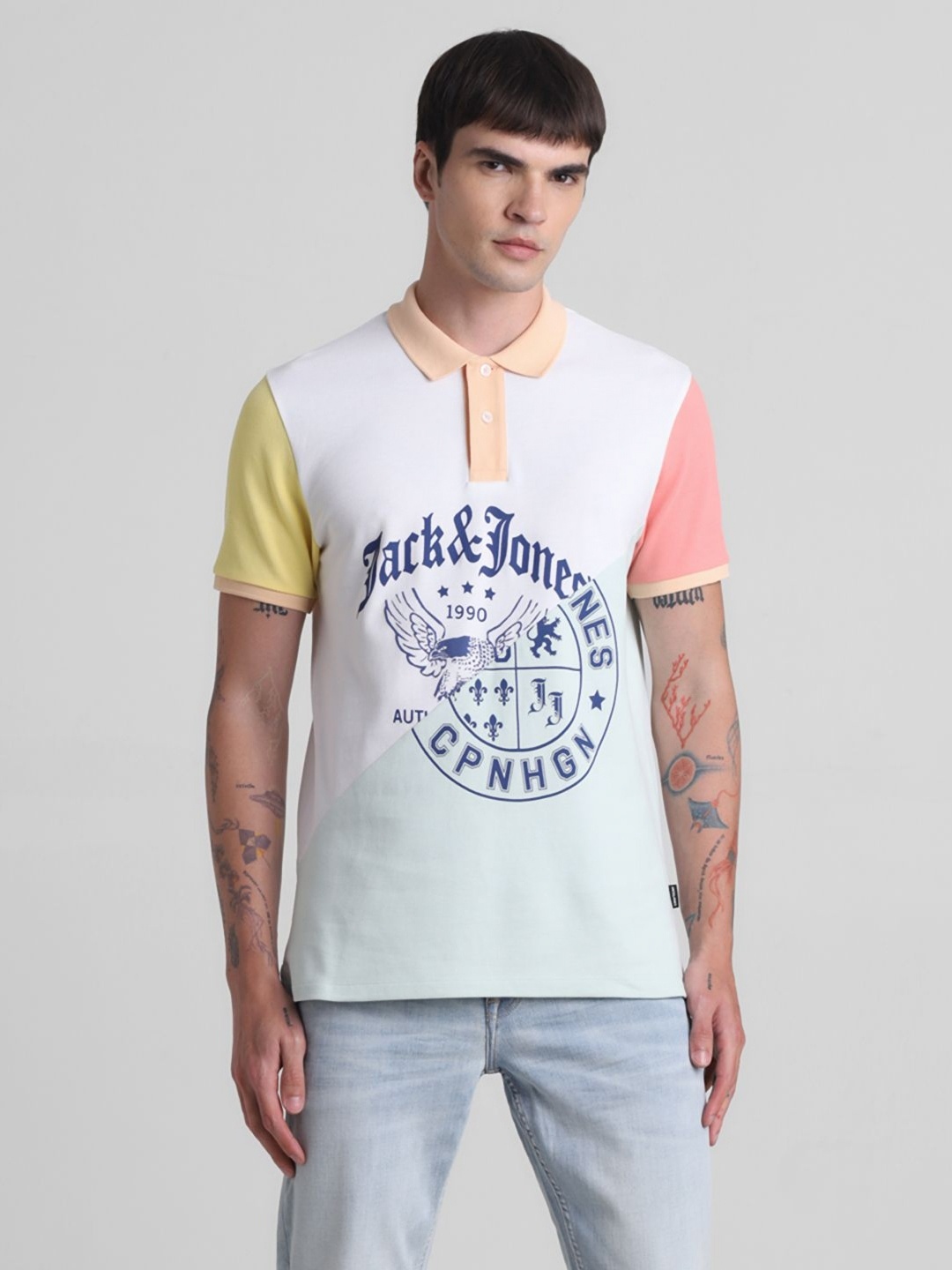 

Jack & Jones Men Typography Printed Polo Collar Cotton T-shirt, White