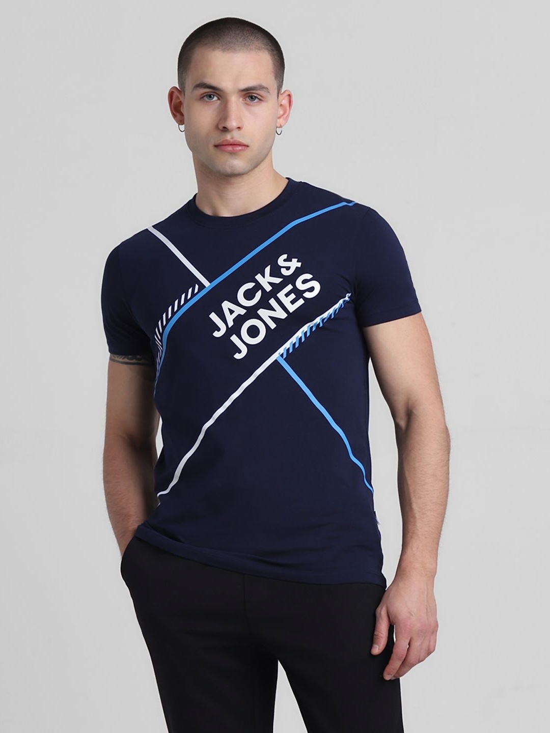 

Jack & Jones Men JJDI PAULO SS Typography Printed Round Neck Cotton T-shirt, Navy blue