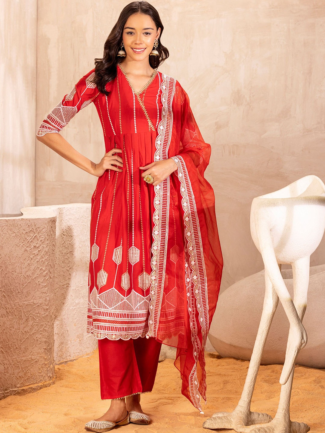 

SEW Geometric Embroidered Gotta Patti Pure Cotton Anarkali Kurta With Palazzos & Dupatta, Red