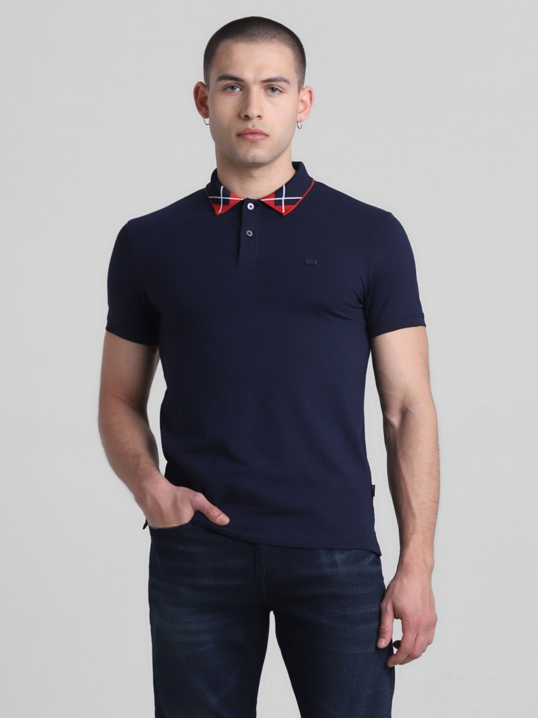 

Jack & Jones Men Solid Polo Collar Cotton T-shirt, Navy blue
