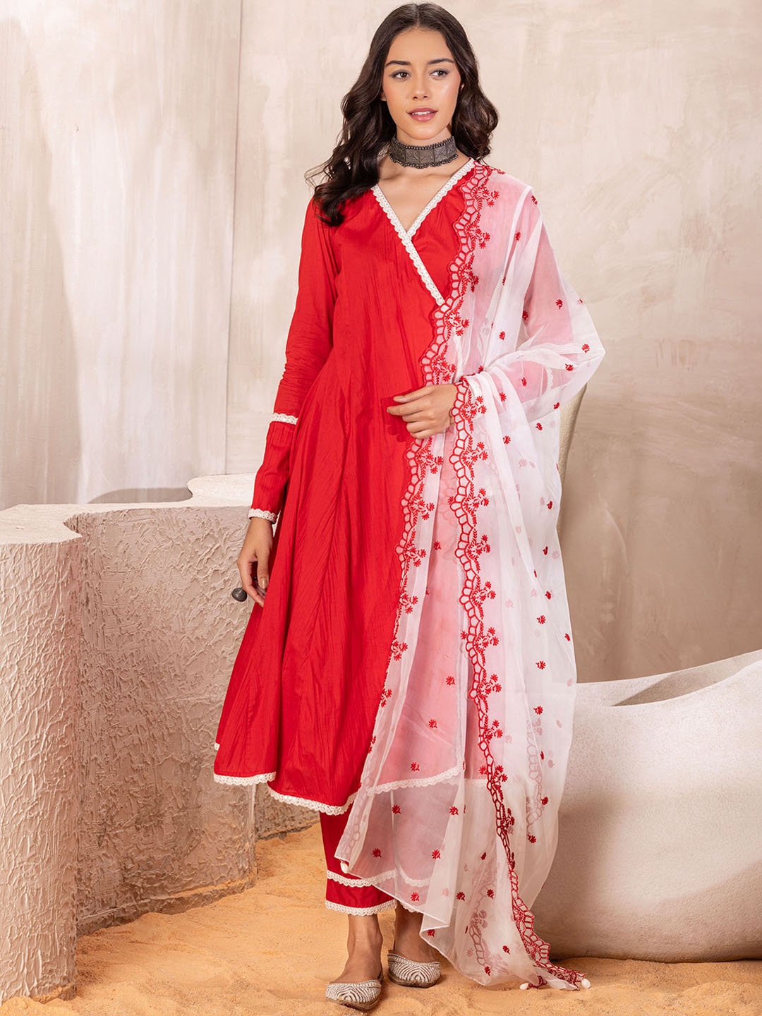 

SEW V-Neck Angrakha Pure Cotton A-Line Kurta With Trousers & Dupatta, Red