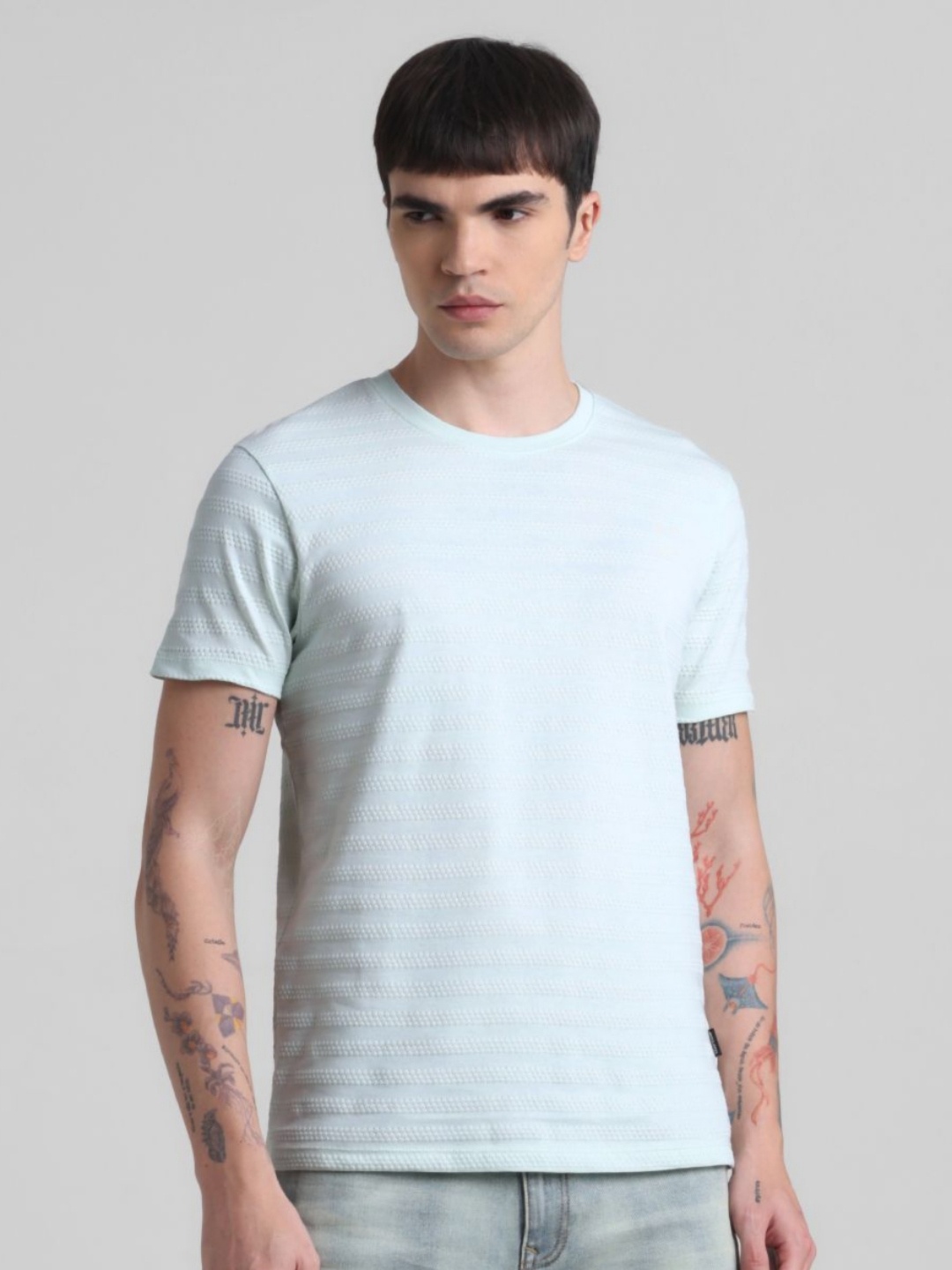 

Jack & Jones Men JJDI CODY SS Self Design Round Neck Cotton T-shirt, Blue