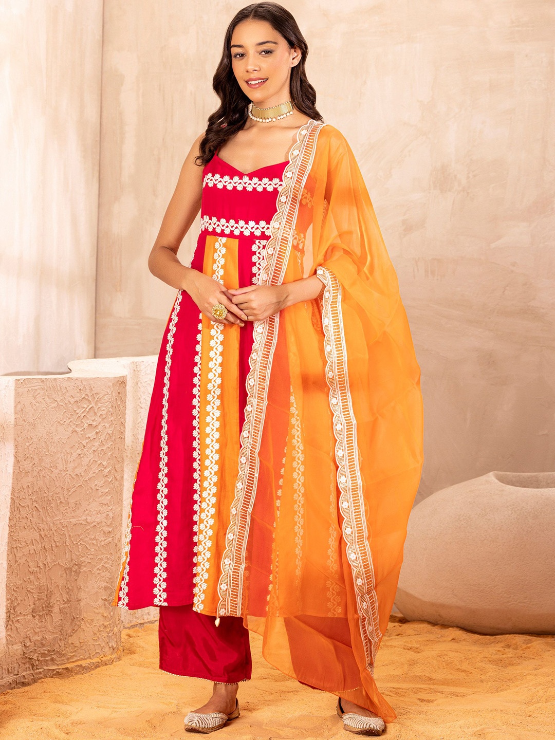 

SEW Floral Embroidered Panelled Pure Cotton Kurta With Palazzos & Dupatta, Orange