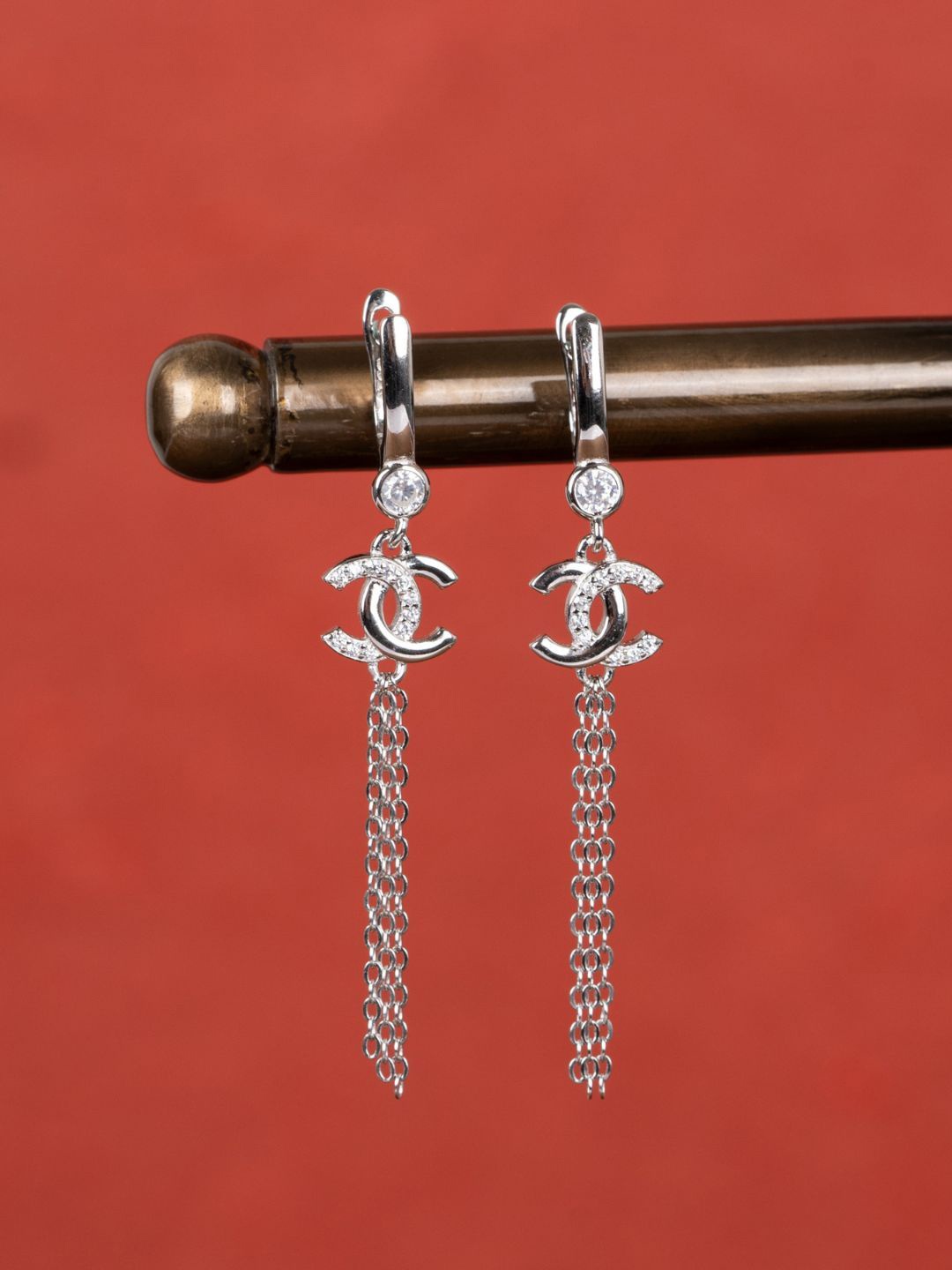 

GLYTERS Silver Zircon Studded Contemporary Drop Earrings