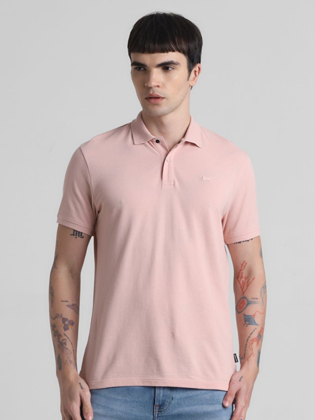 

Jack & Jones Men Solid Polo Collar Cotton T-shirt, Pink