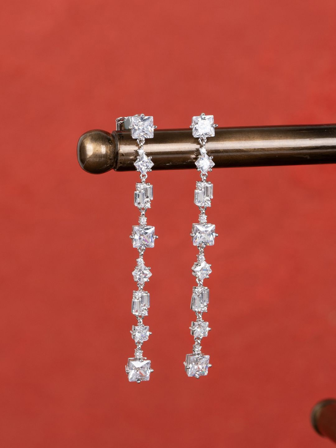 

GLYTERS Silver-Plating Zircon Stones Studded Contemporary Drop Earrings