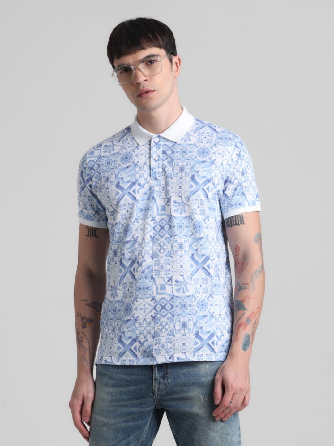 

Jack & Jones Men Floral Printed Polo Collar Cotton T-shirt, White