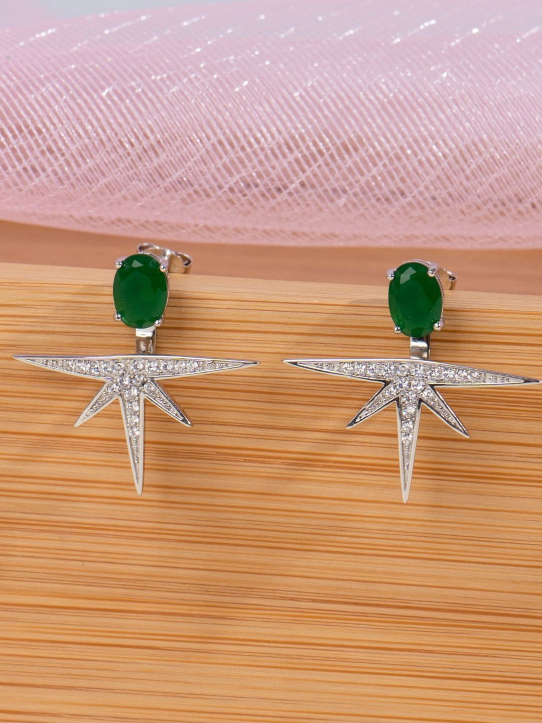 

GLYTERS Silver Zircon And Jade Studded Contemporary Drop Earrings