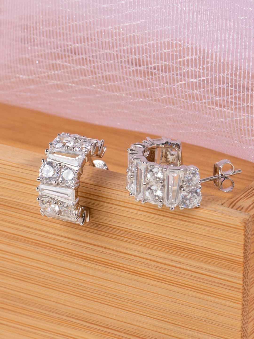 

GLYTERS Silver Zircon Studded Circular Half Hoop Earrings