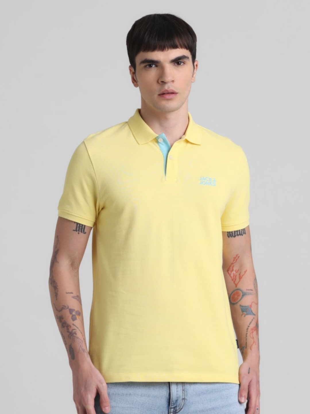 

Jack & Jones Men Solid Polo Collar Cotton T-shirt, Yellow