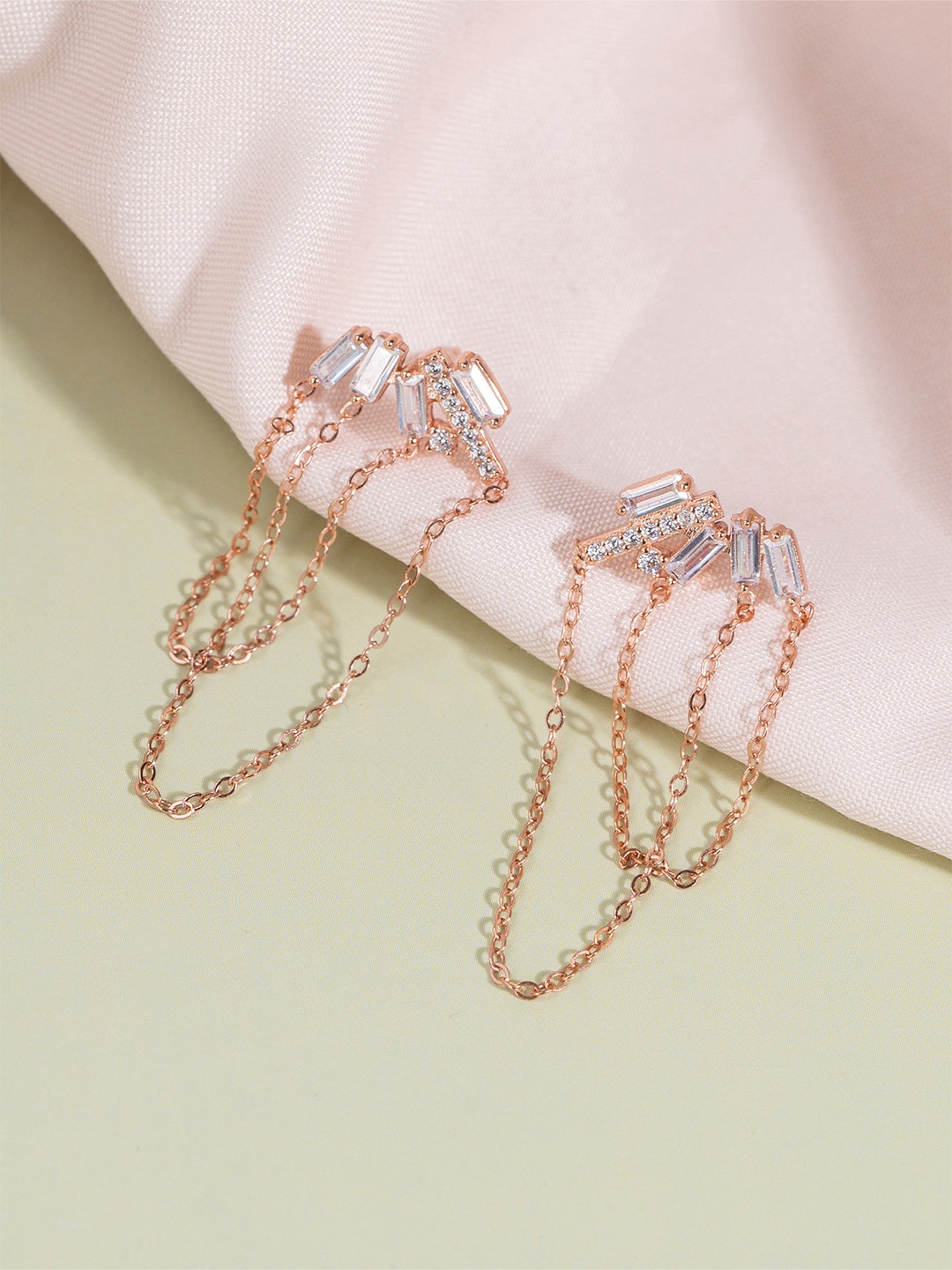 

GLYTERS Rose Gold Plated Silver Zircon Studded Contemporary Drop Earrings