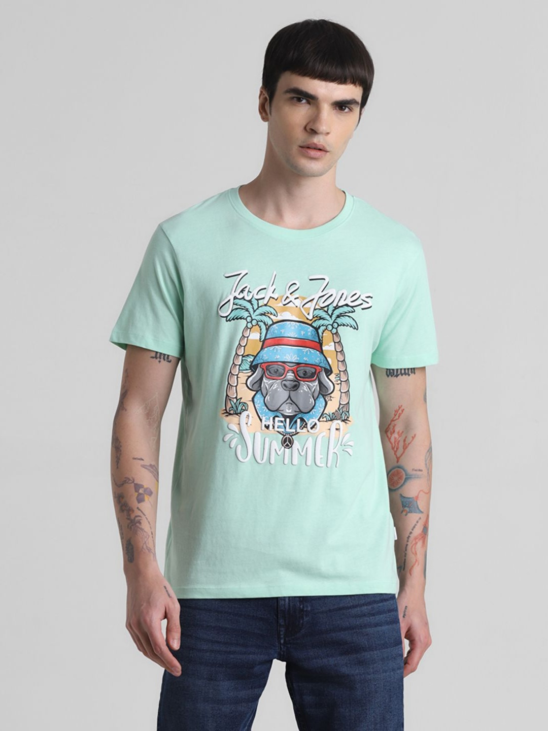 

Jack & Jones Men Graphic Printed Round Neck Cotton T-shirt, Green
