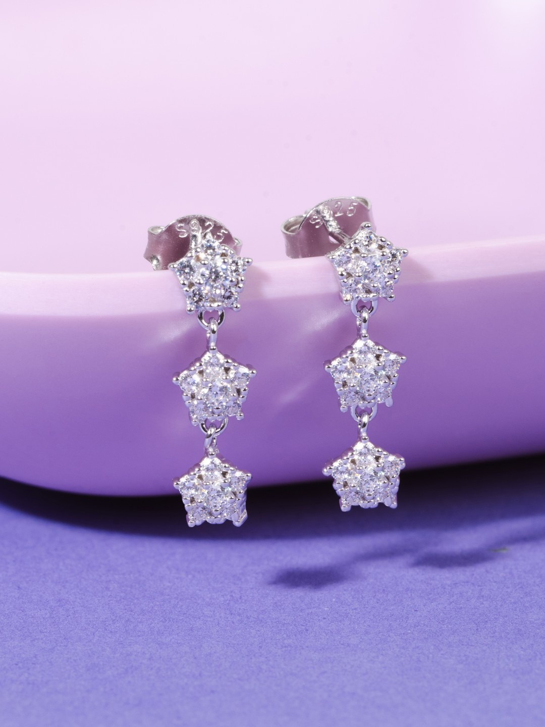 

GLYTERS Silver Rhodium-Plated Artificial Stones Studded Contemporary Drop Earrings