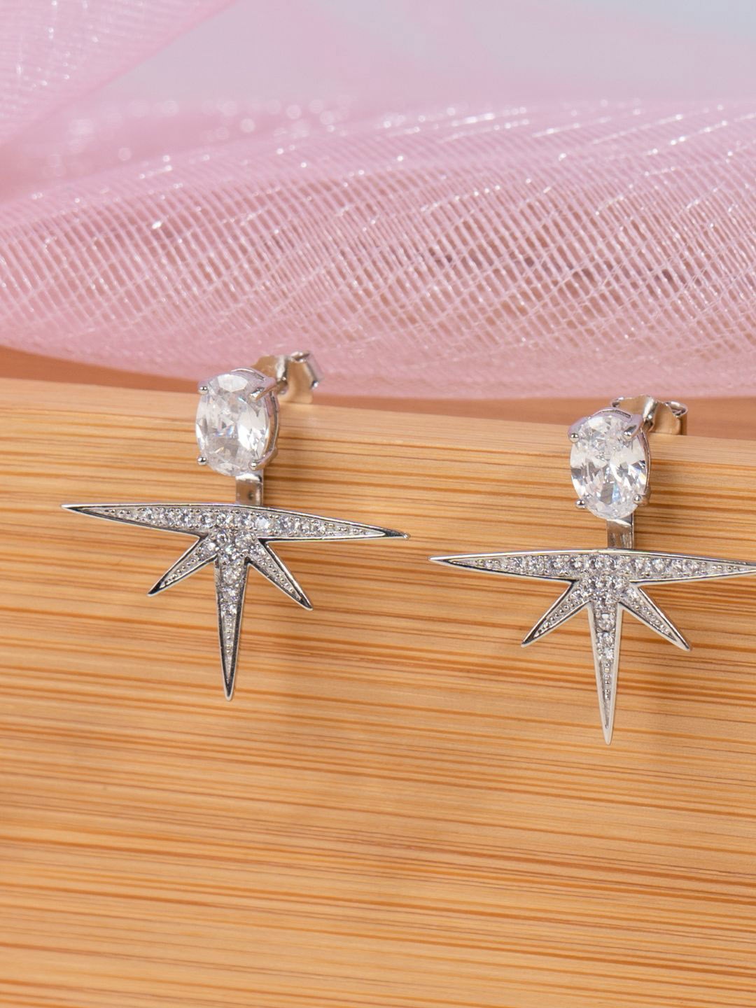 

GLYTERS Silver Zircon Studded Contemporary Drop Earrings