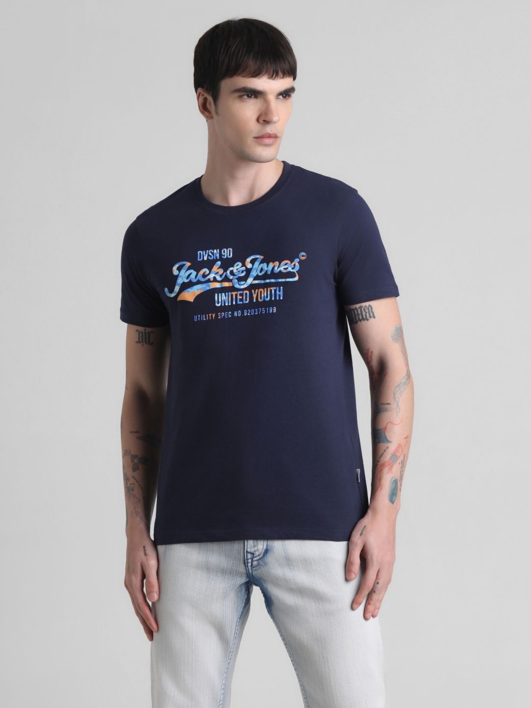 

Jack & Jones Men JJDI ZURICH Typography Printed Round Neck Cotton T-shirt, Navy blue