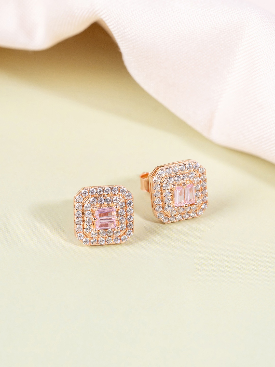 

GLYTERS Silver Rose Gold-Plated Zircon Studded Square Studs