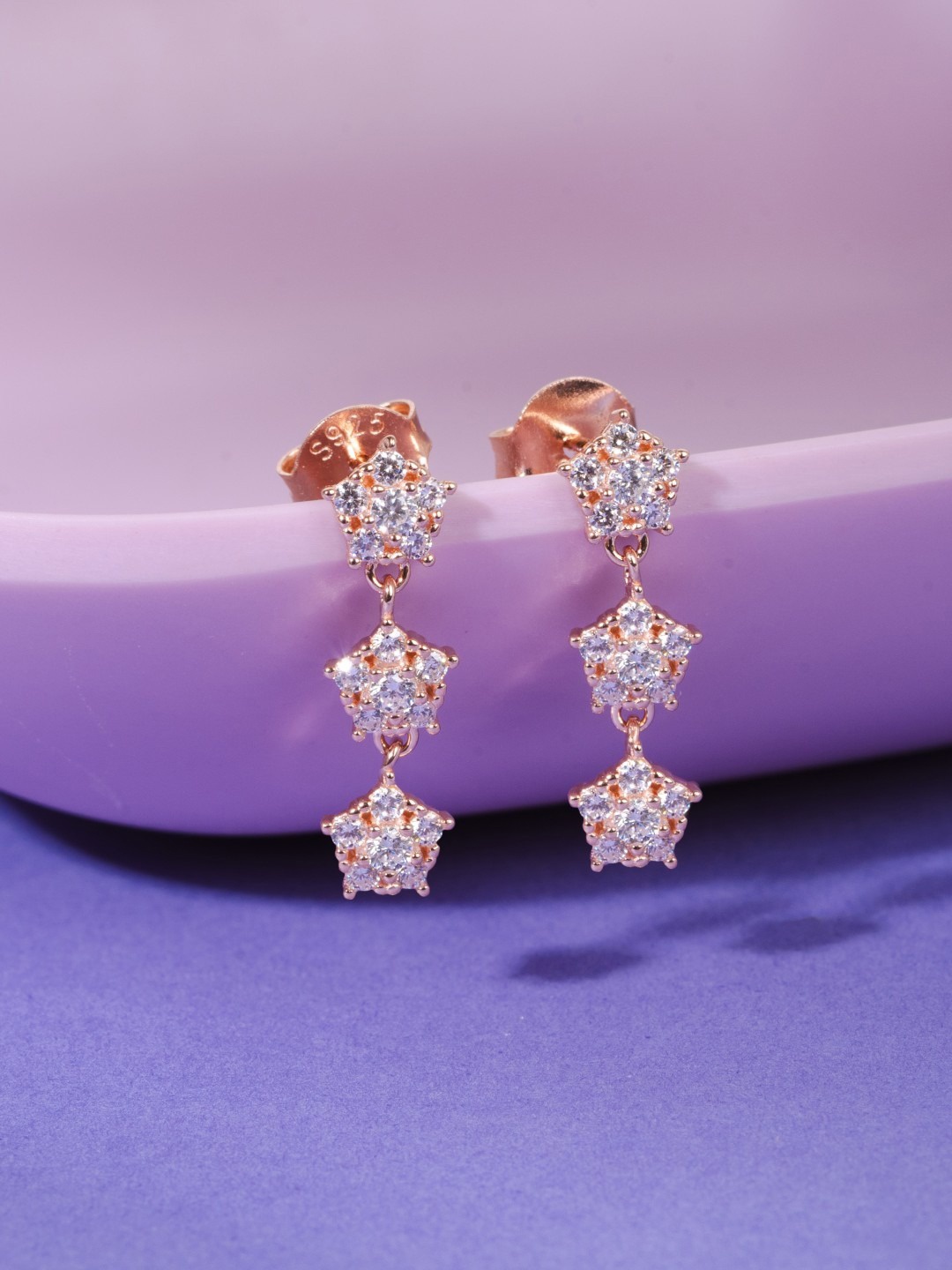 

GLYTERS Silver Rose Gold-Plated Artificial Stones Studded Contemporary Drop Earrings