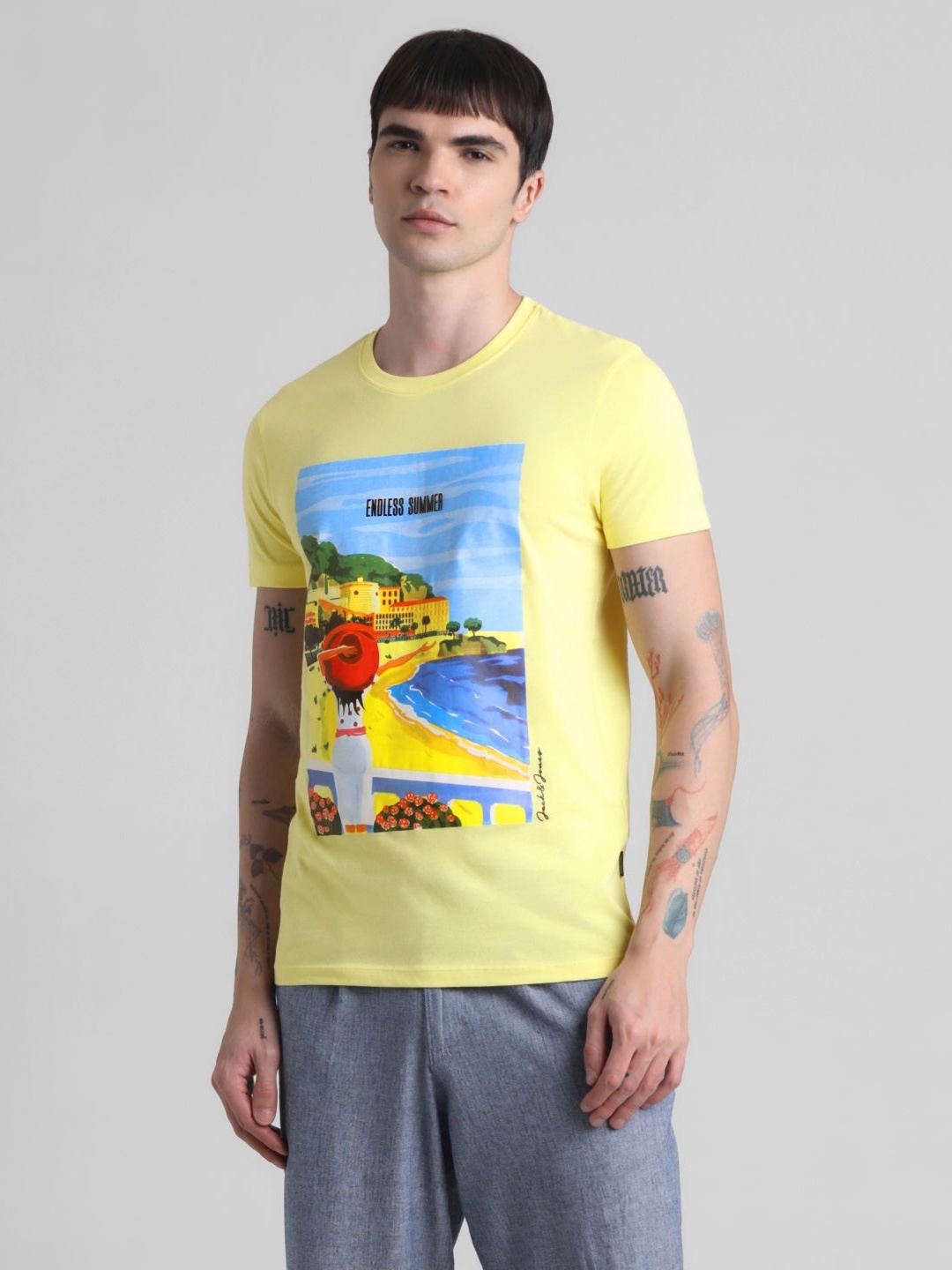 

Jack & Jones Men Graphic Printed Round Neck Cotton T-shirt, Yellow