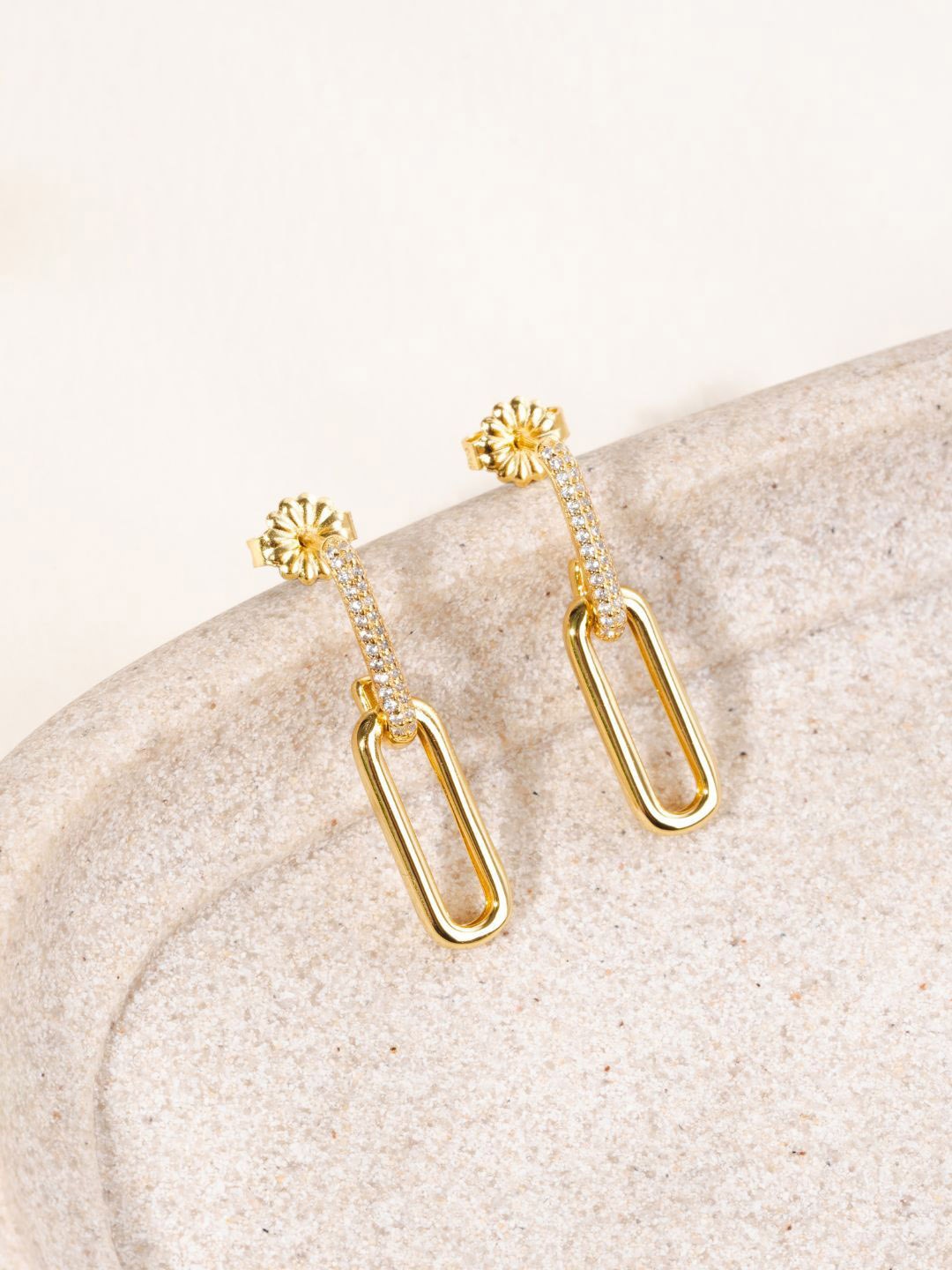 

GLYTERS 925 Silver Gold-Plated Artificial Stones Studded Contemporary Drop Earrings