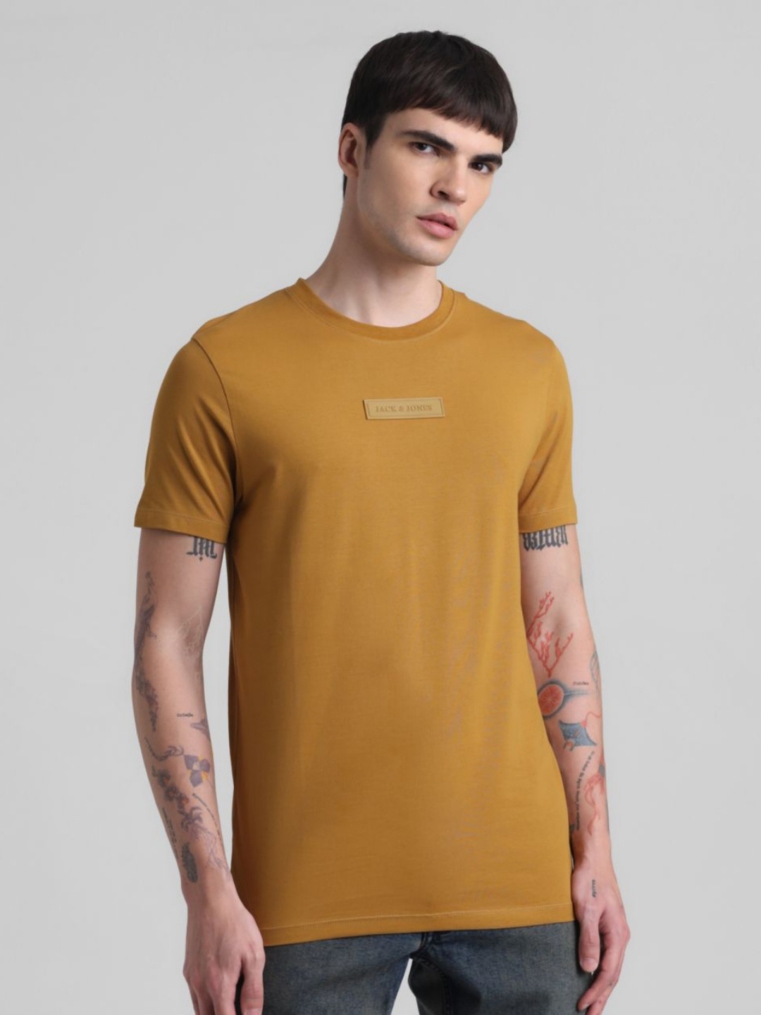 

Jack & Jones Men Solid Round Neck Cotton T-shirt, Mustard