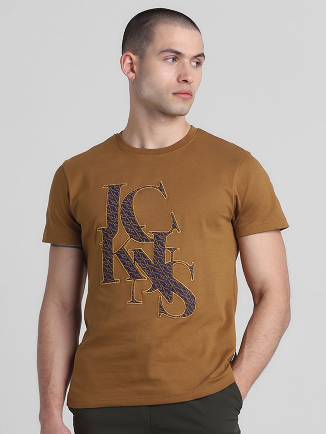 

Jack & Jones Men Typography Printed Round Neck Cotton T-shirt, Brown