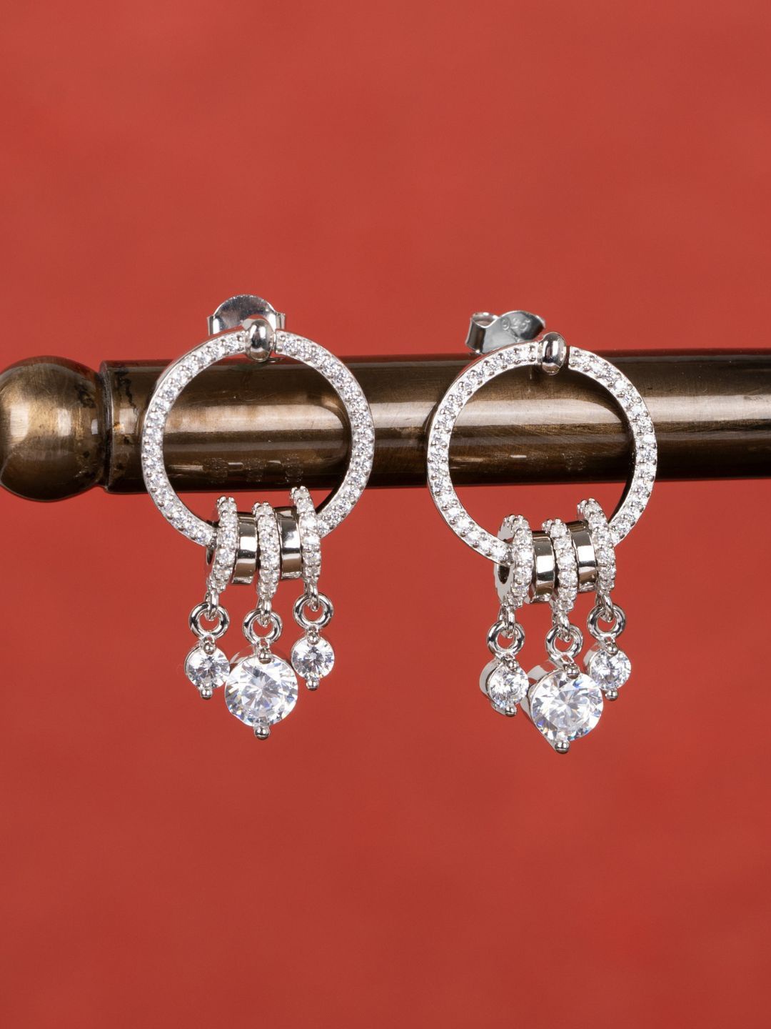 

GLYTERS Silver-Plating Zircon Stones Studded Contemporary Drop Earrings