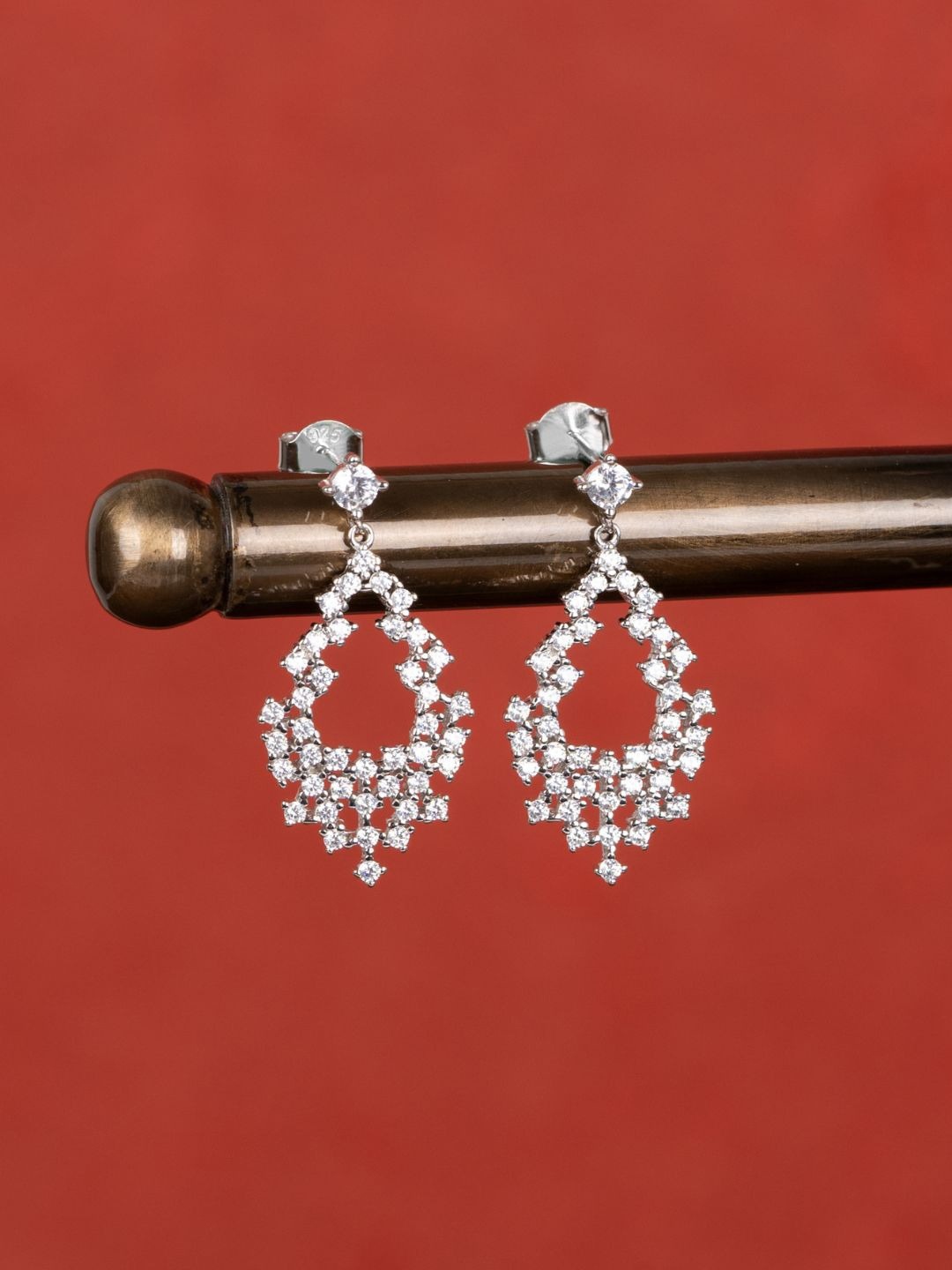 

GLYTERS Silver-Plating Zircon Stones Studded Contemporary Drop Earrings