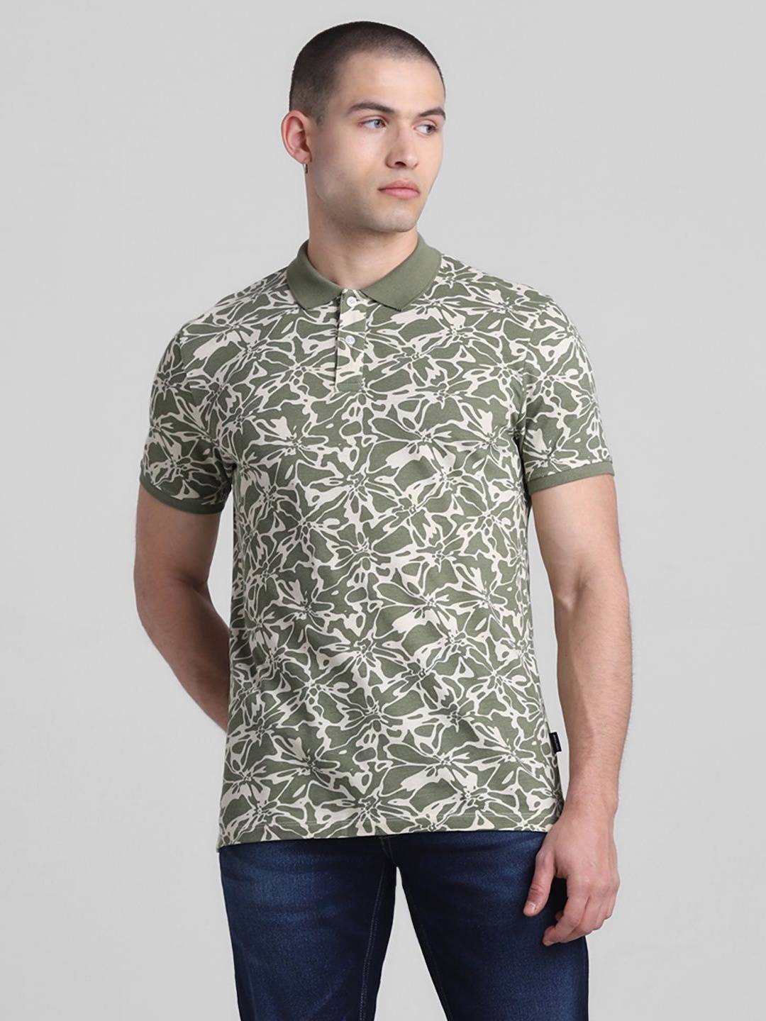 

Jack & Jones Men Floral Printed Polo Collar Cotton T-shirt, Green