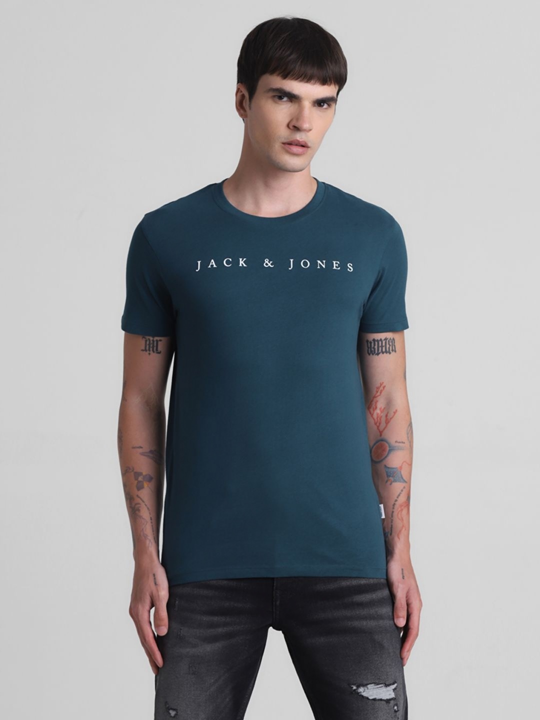 

Jack & Jones Men Typography Printed Round Neck Cotton T-shirt, Teal