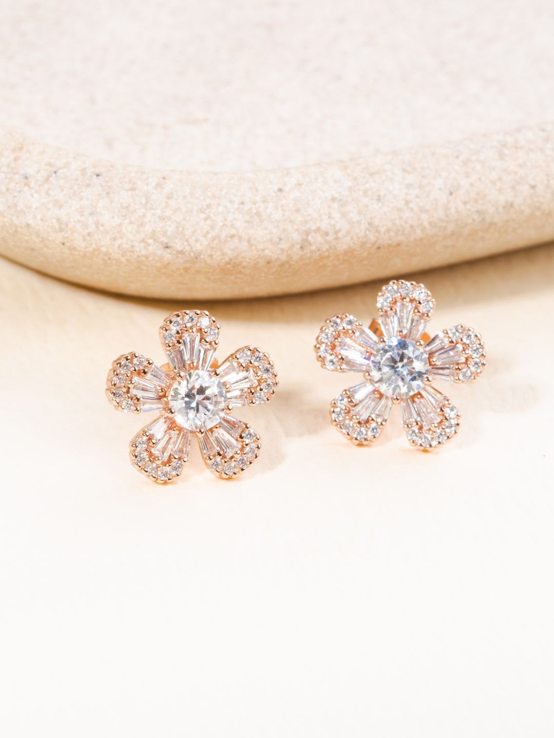 

GLYTERS Silver Rose Gold-Plated Artificial Stones Studded Floral Studs