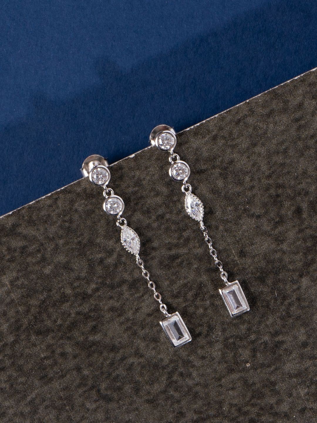 

GLYTERS Silver Zircon Studded Contemporary Drop Earrings