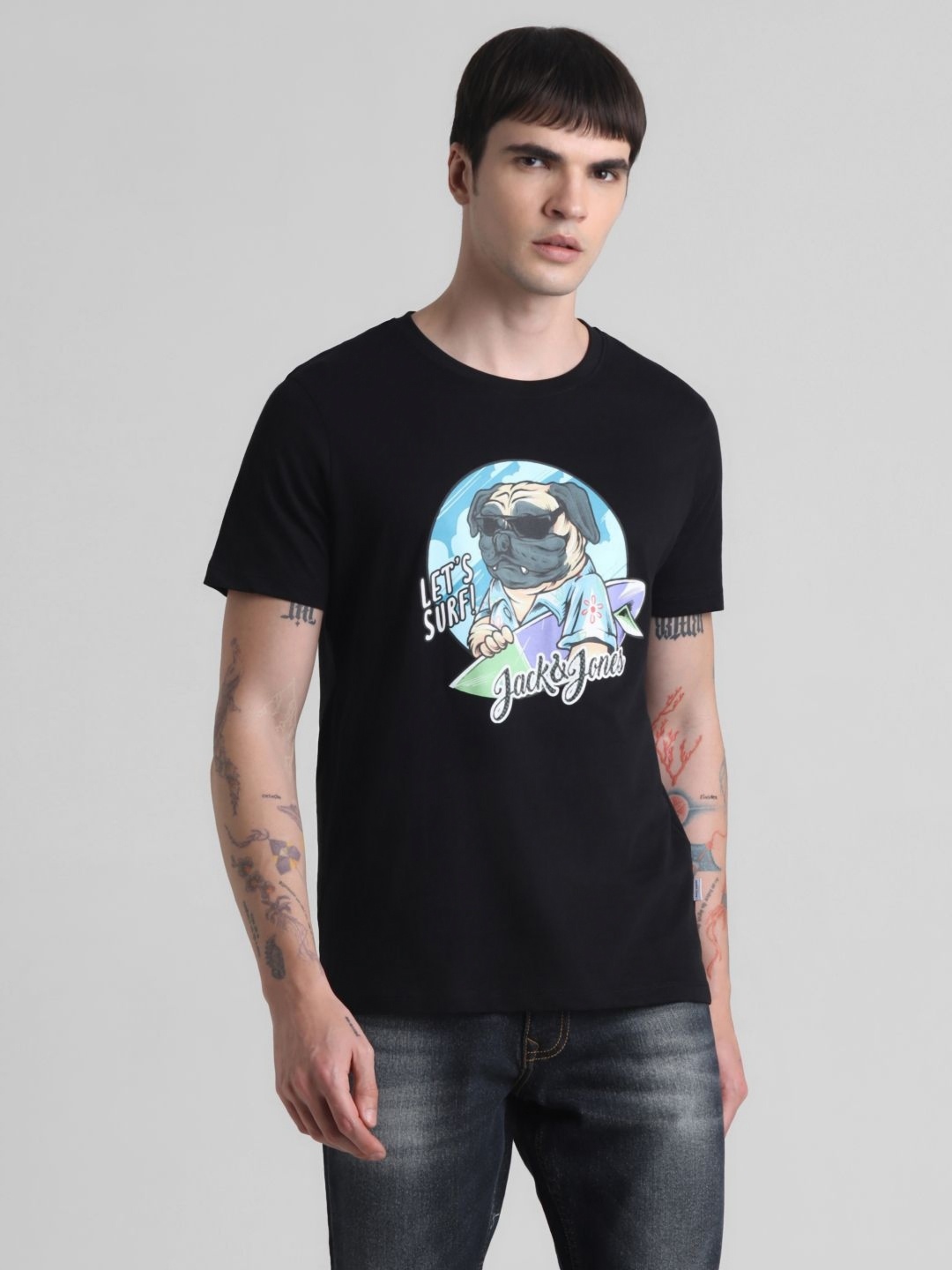

Jack & Jones Men Graphic Printed Round Neck Cotton T-shirt, Black